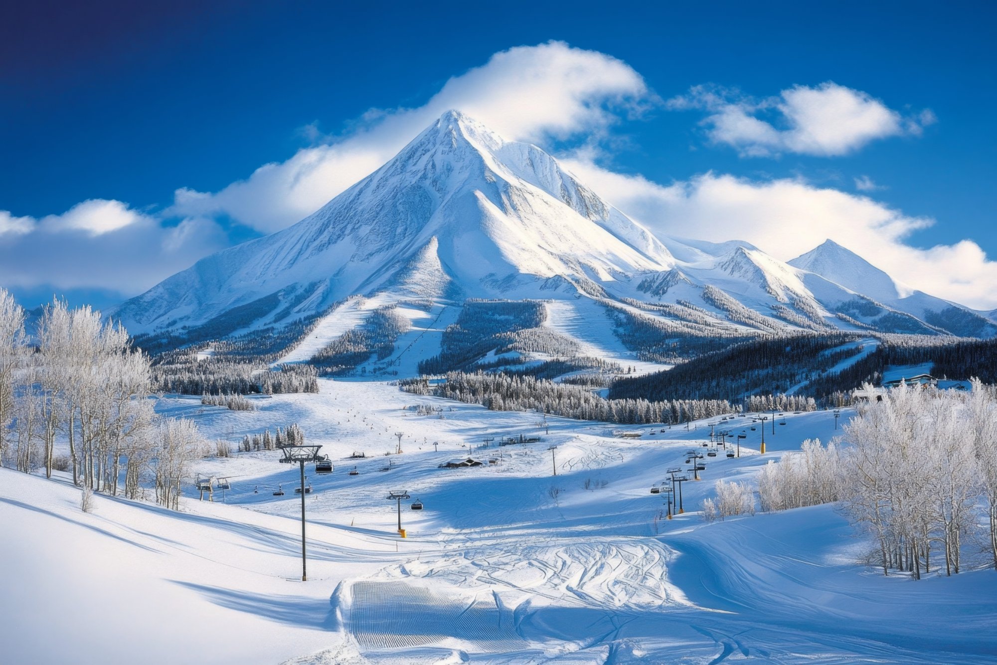 Ski resort with trails, lifts, and mountain peak